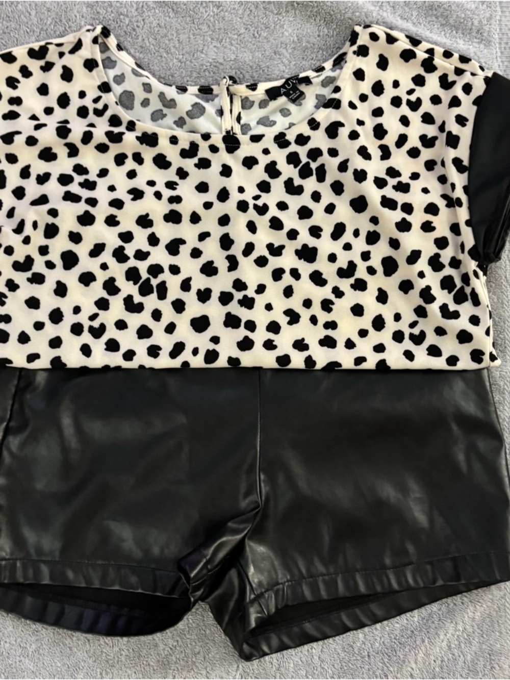 SHEIN Black Faux Leather High-Waist Shorts with Cream & Black Animal Print Top